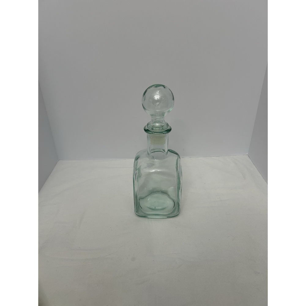 Green Glass Decanter Bottle w/ Stopper Barware 11" H